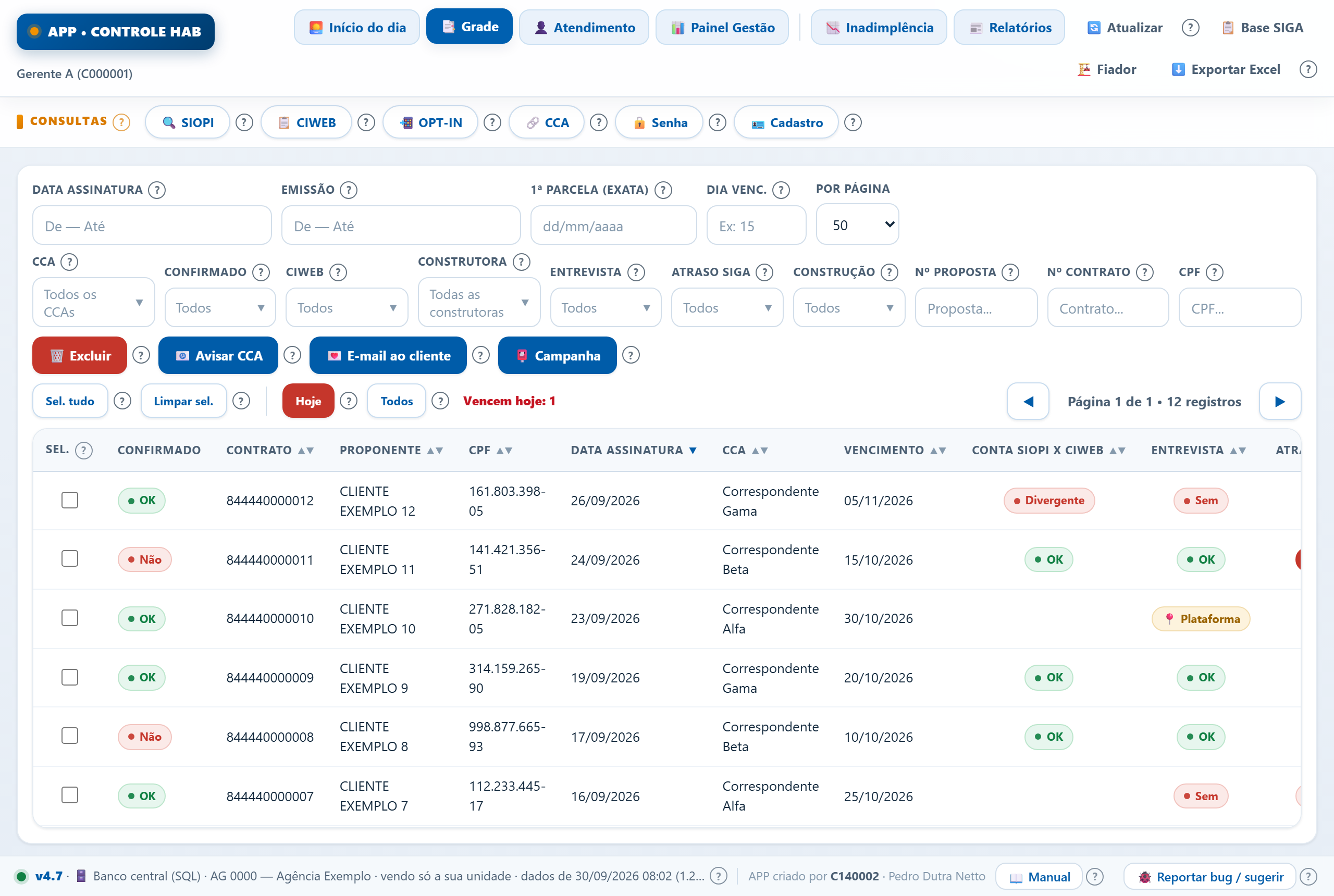 Grade de Propostas do Controle HAB: doze propostas fictícias, uma por linha, com os selos Confirmado, Conta SIOPI × CIWEB e Entrevista, e o rodapé Banco central · AG 0000 — Agência Exemplo · v4.7